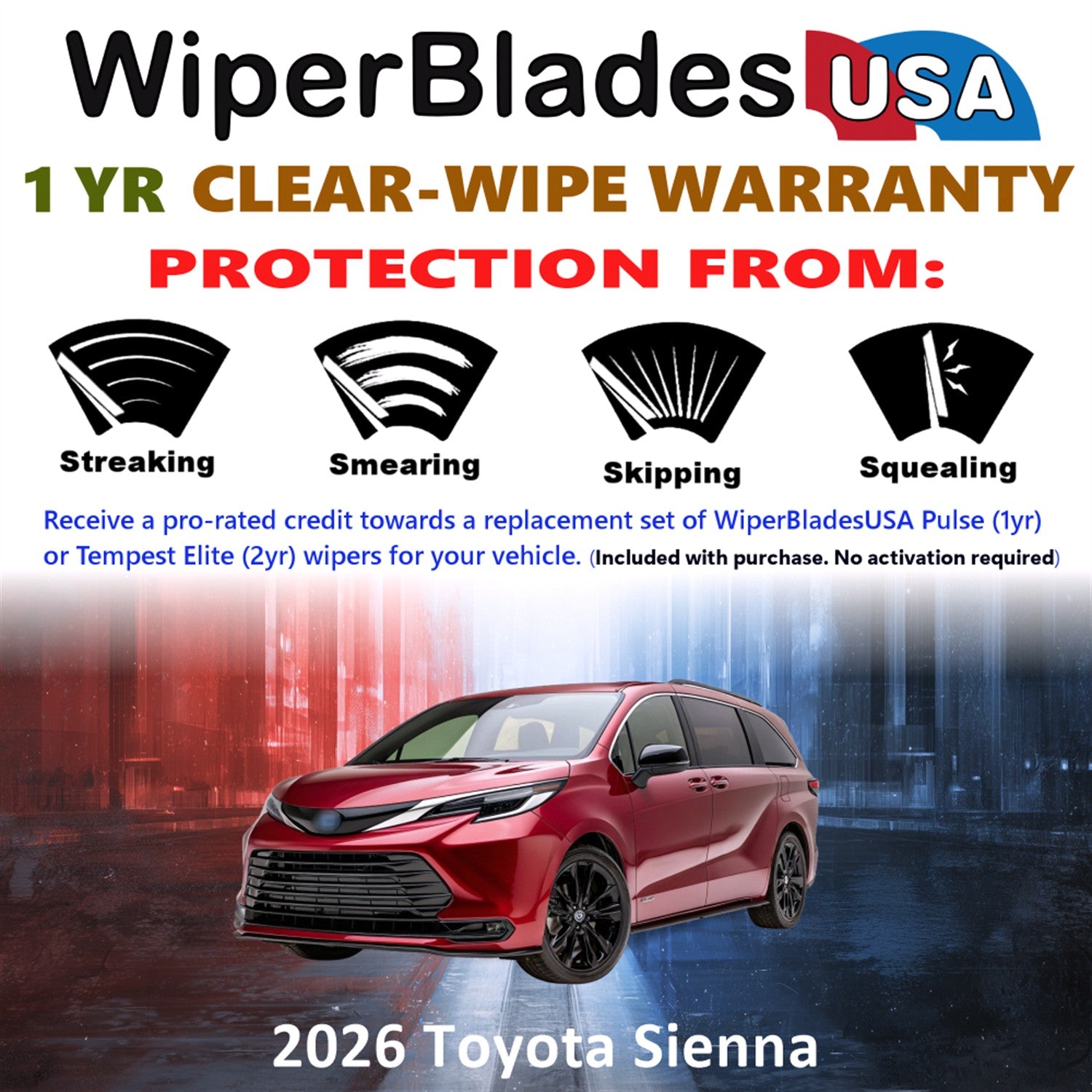 2026 Toyota Sienna Front Wiper blades Set Includes 1yr Wear Warranty & Free Delivery