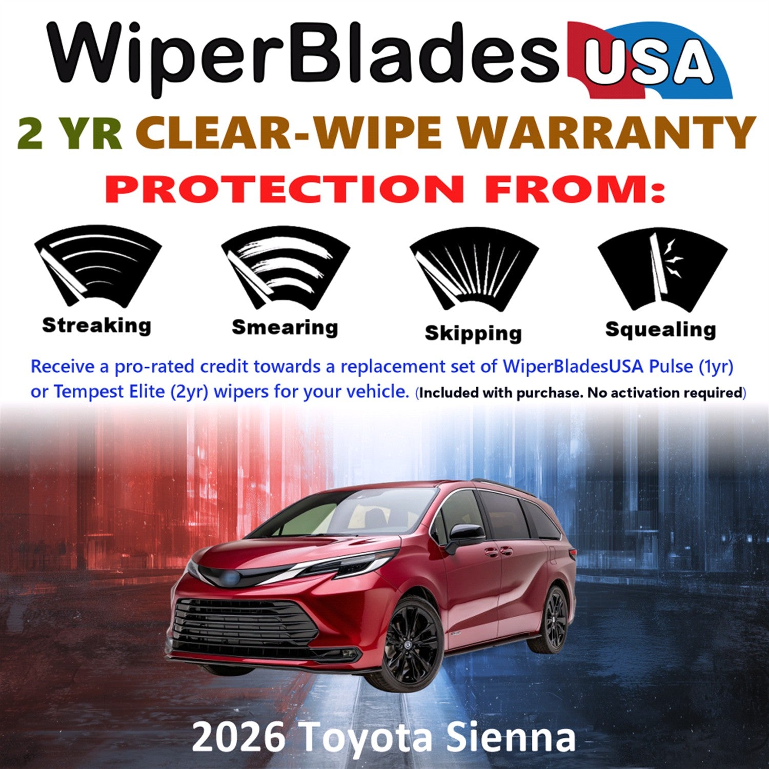 2026 Toyota Sienna Front w/Rear Wiper blades Set  Includes 2yr Wear Warranty & Free Delivery