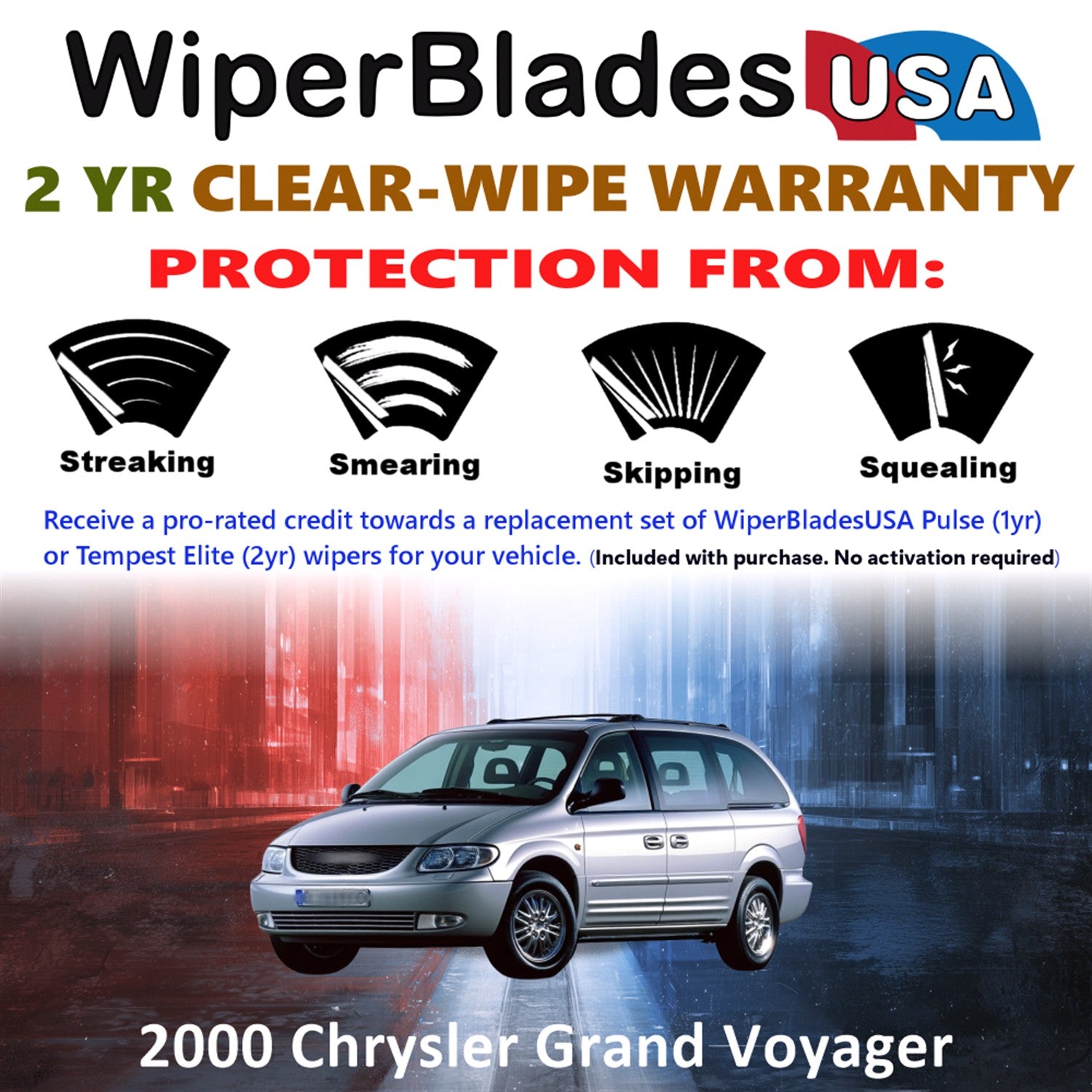 2000 Chrysler Grand Voyager Front w/Rear Wiper blades Set  Includes 2yr Wear Warranty & Free Delivery