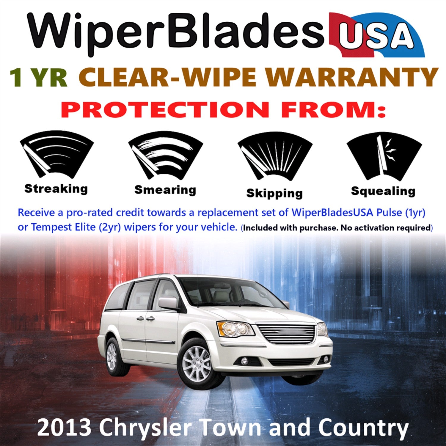 2013 Chrysler Town and Country Front w/Rear Wiper blades Set Includes 1yr Wear Warranty & Free Delivery