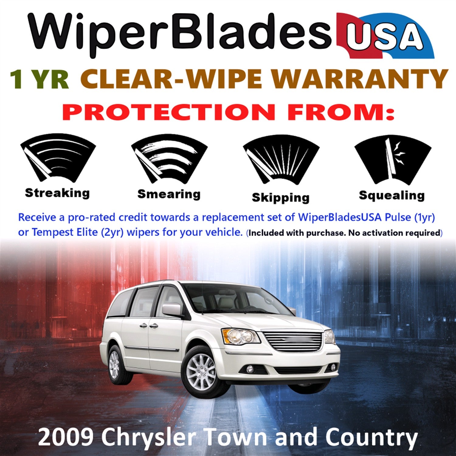 2009 Chrysler Town and Country Front w/Rear Wiper blades Set Includes 1yr Wear Warranty & Free Delivery