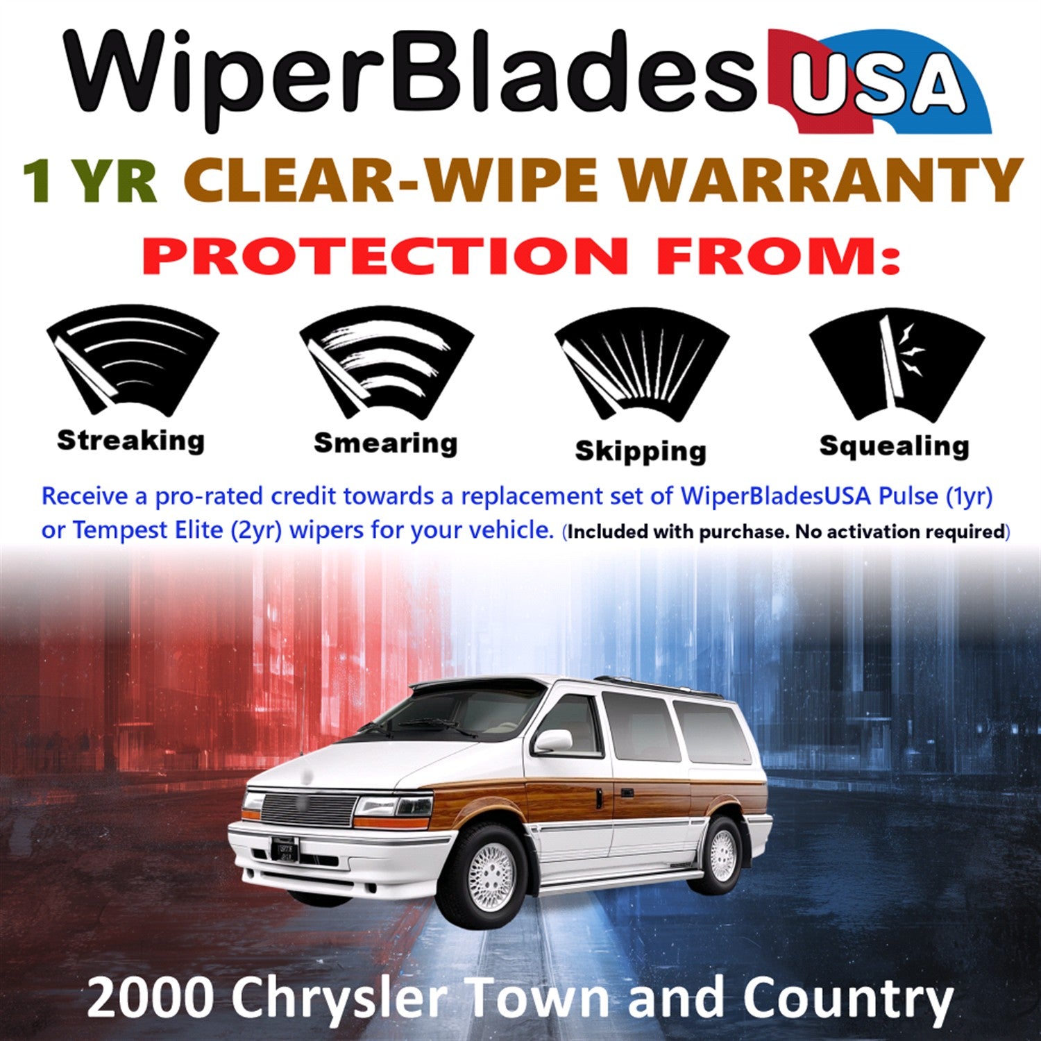2000 Chrysler Town and Country Front w/Rear Wiper blades Set Includes 1yr Wear Warranty & Free Delivery