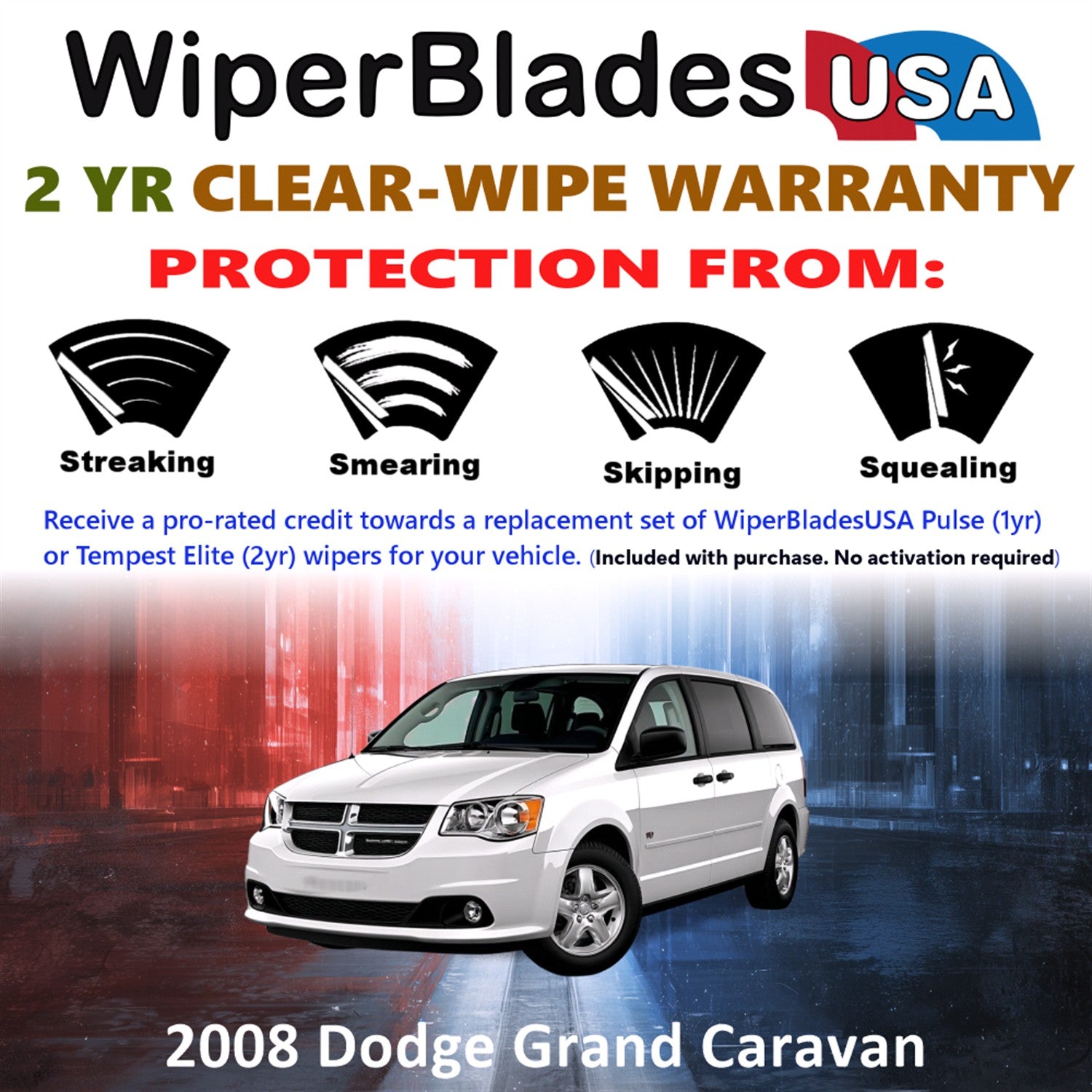 2008 Dodge Grand Caravan Front w/Rear Wiper blades Set  Includes 2yr Wear Warranty & Free Delivery