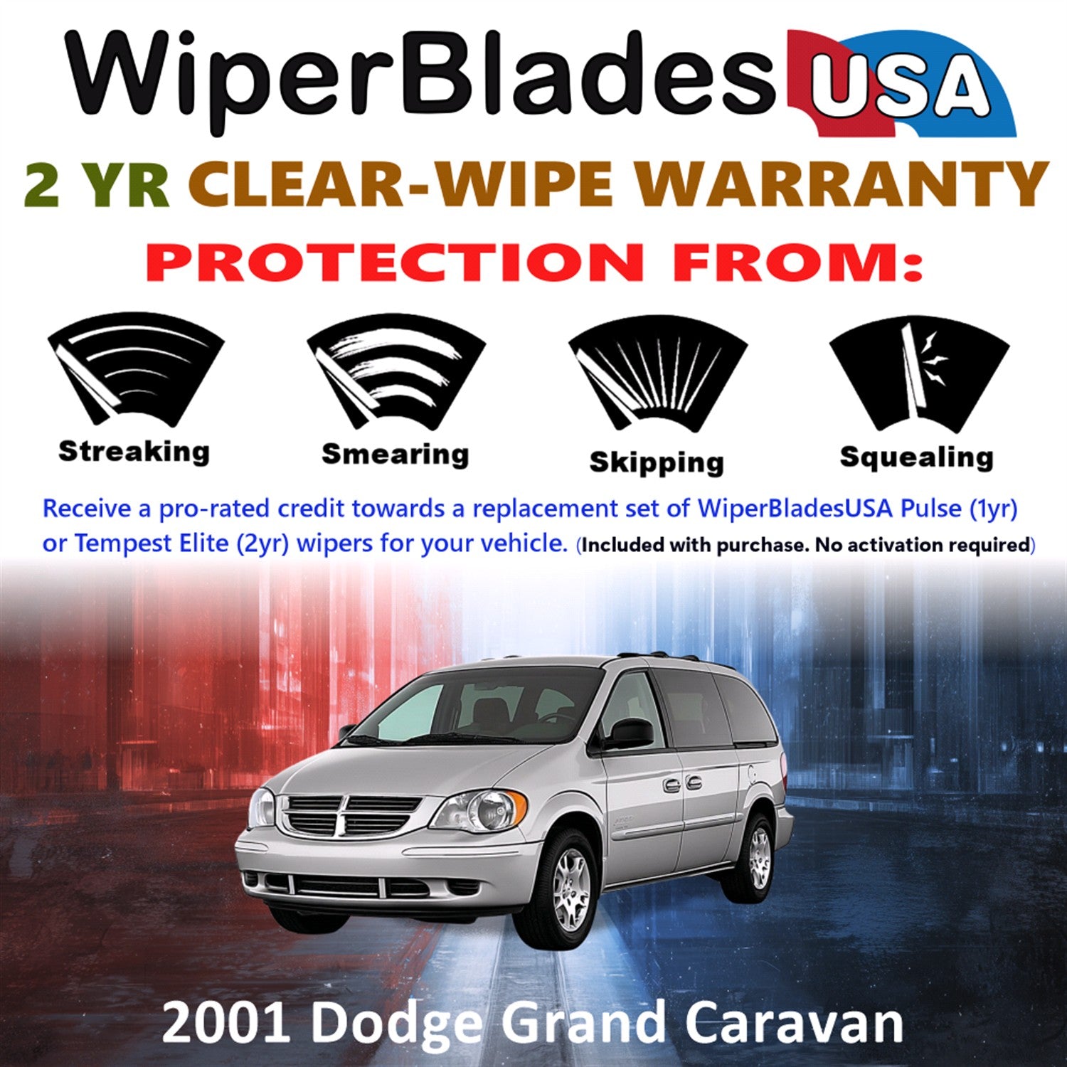 2001 Dodge Grand Caravan Front w/Rear Wiper blades Set  Includes 2yr Wear Warranty & Free Delivery