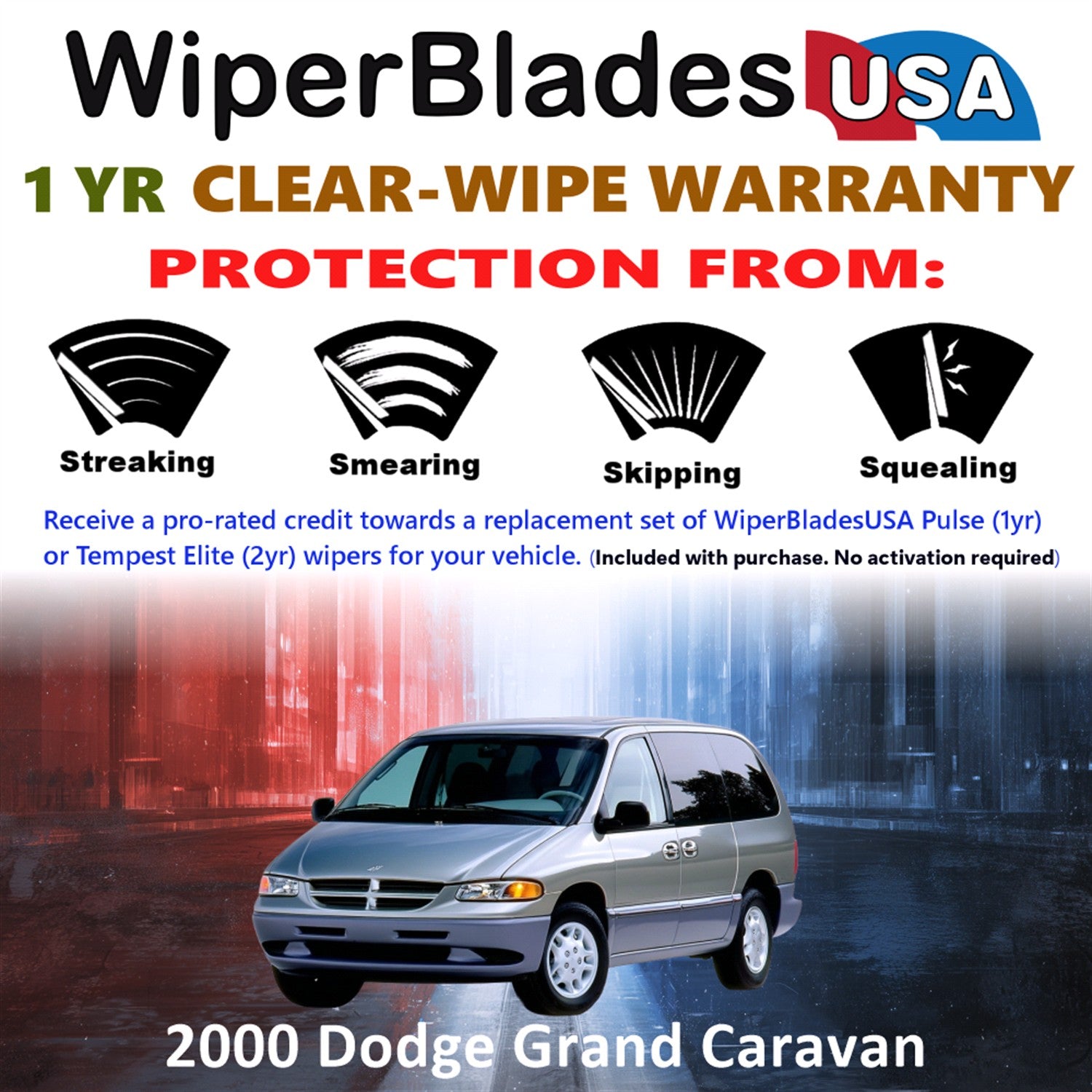 2000 Dodge Grand Caravan Front w/Rear Wiper blades Set Includes 1yr Wear Warranty & Free Delivery