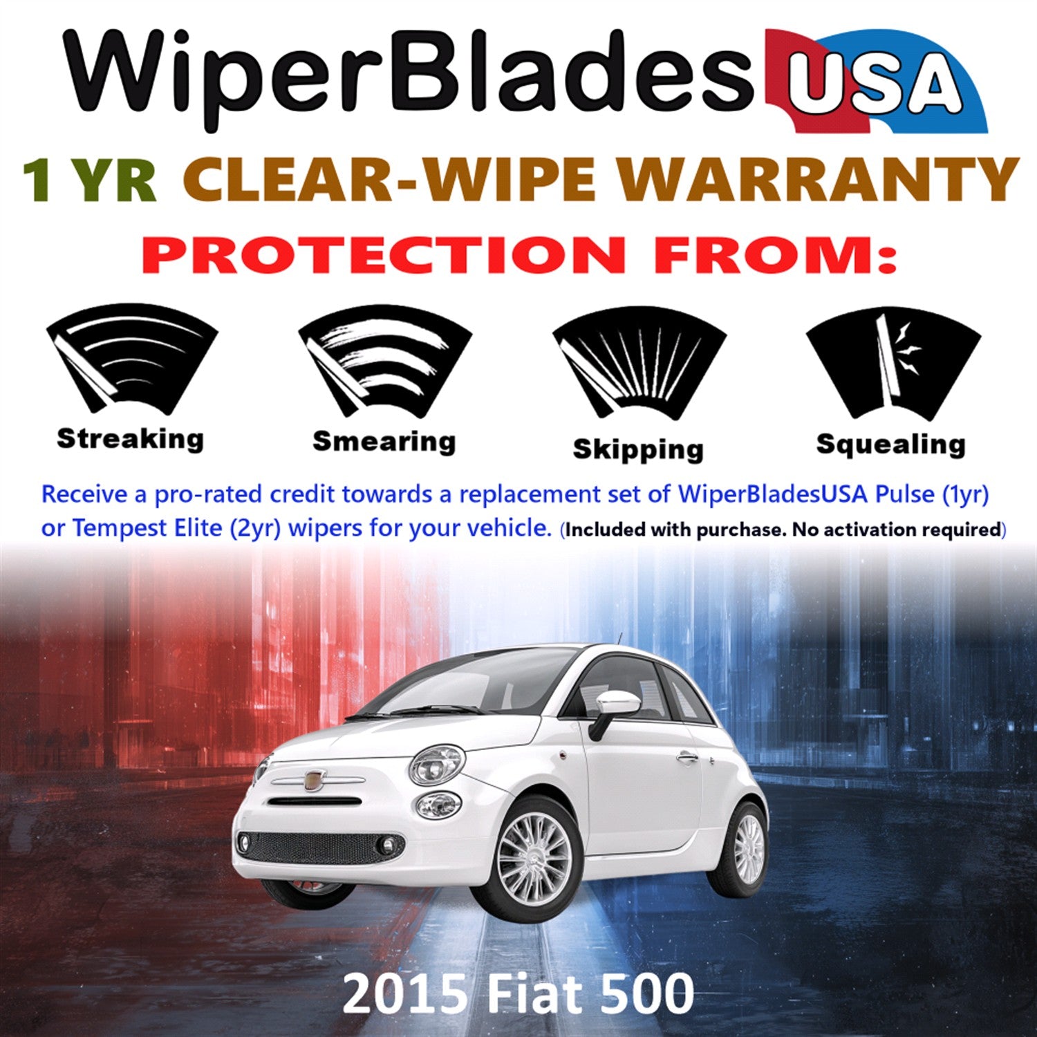 2015 Fiat 500 Front w/Rear Wiper blades Set Includes 1yr Wear Warranty & Free Delivery