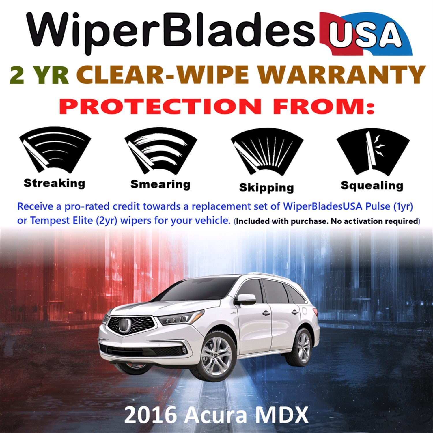 2016 Acura MDX Front w/Rear Wiper blades Set  Includes 2yr Wear Warranty & Free Delivery