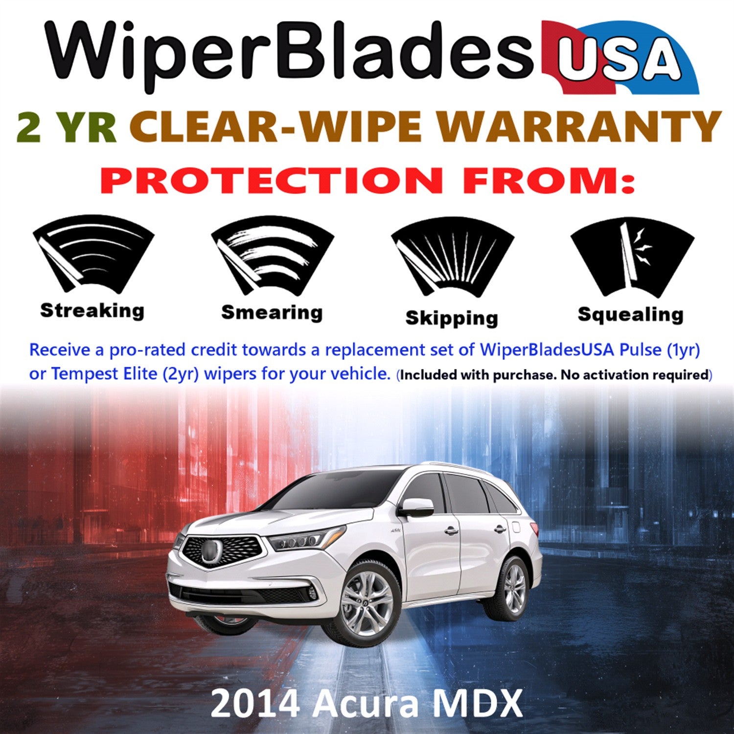 2014 Acura MDX Front w/Rear Wiper blades Set  Includes 2yr Wear Warranty & Free Delivery