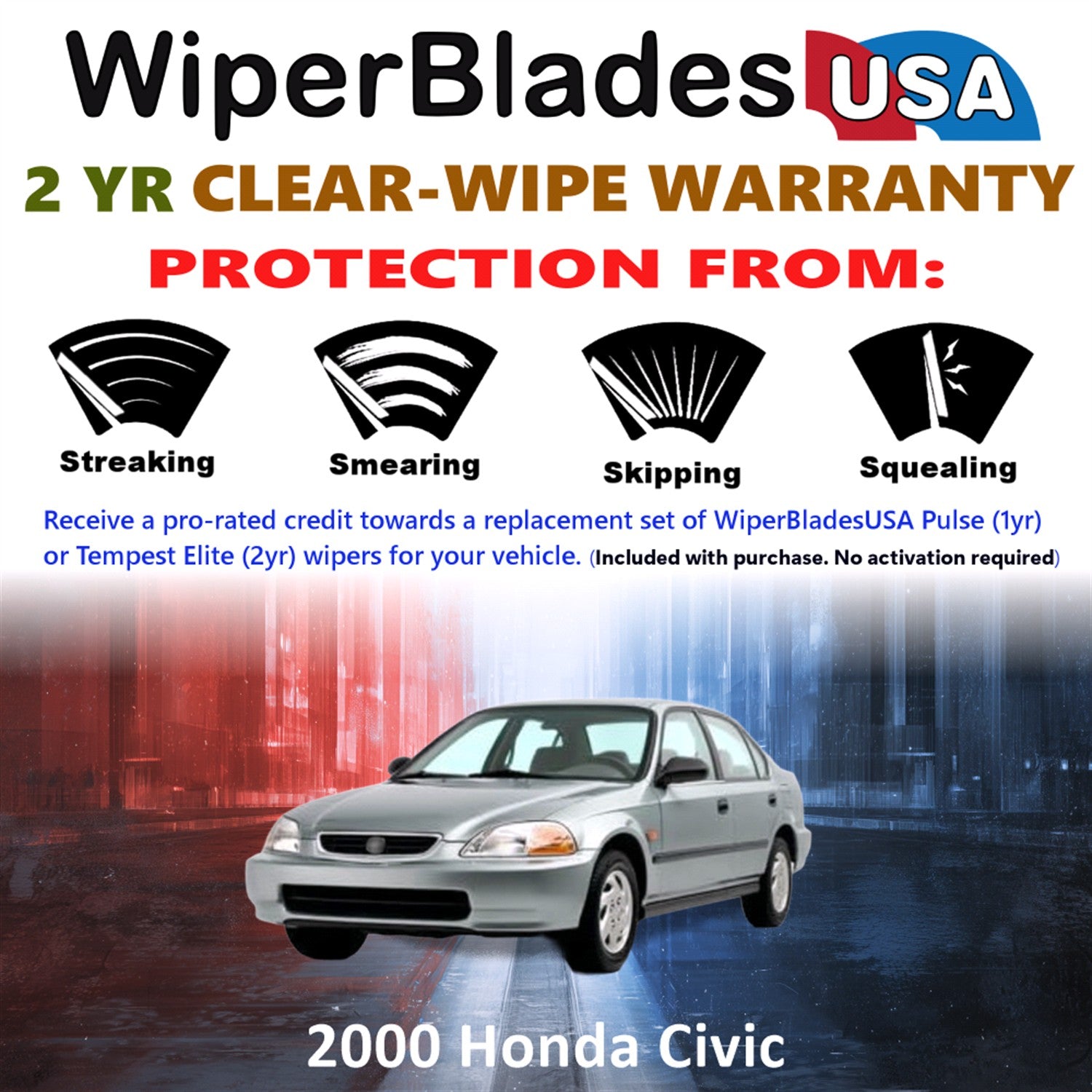 2000 Honda Civic Front w/Rear Wiper blades Set  Includes 2yr Wear Warranty & Free Delivery